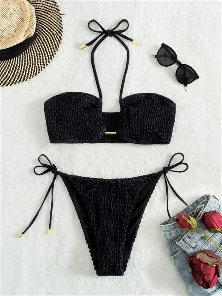Sexy Triangle Bikini 2026 Women Red Black Ribbed Push Up Micro Swimsuit Cut Out Metal Designer Bathing Suit Knot Thong Swimwear