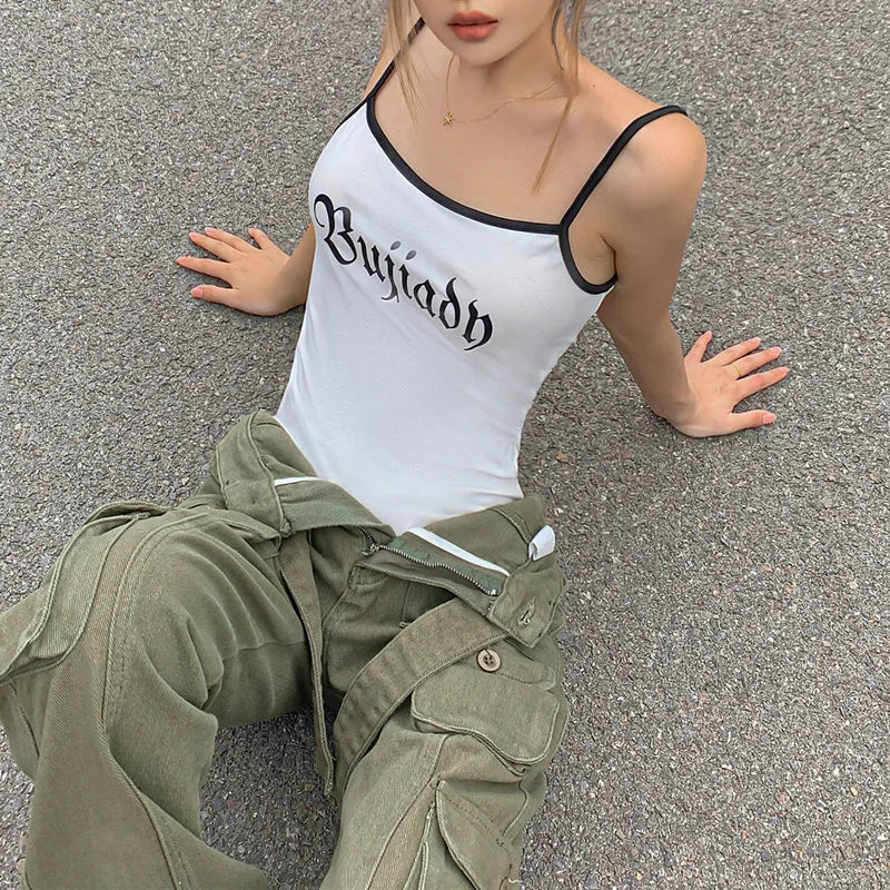 White One-Pieces Bodysuit Letter Print Lenceria Bodys Sexy Mujer Lingerie Tops Women Spaghetti Strap Body Feminino Square Collar