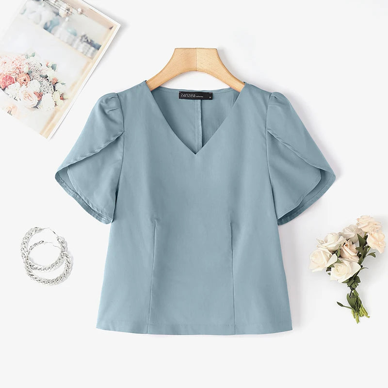 Summer Short Puff Sleeve Blouse ZANZEA Women Tunic Tops 2025 Fashion Solid Color Shirts Sexy V-Neck Casual Blusas Streetwear