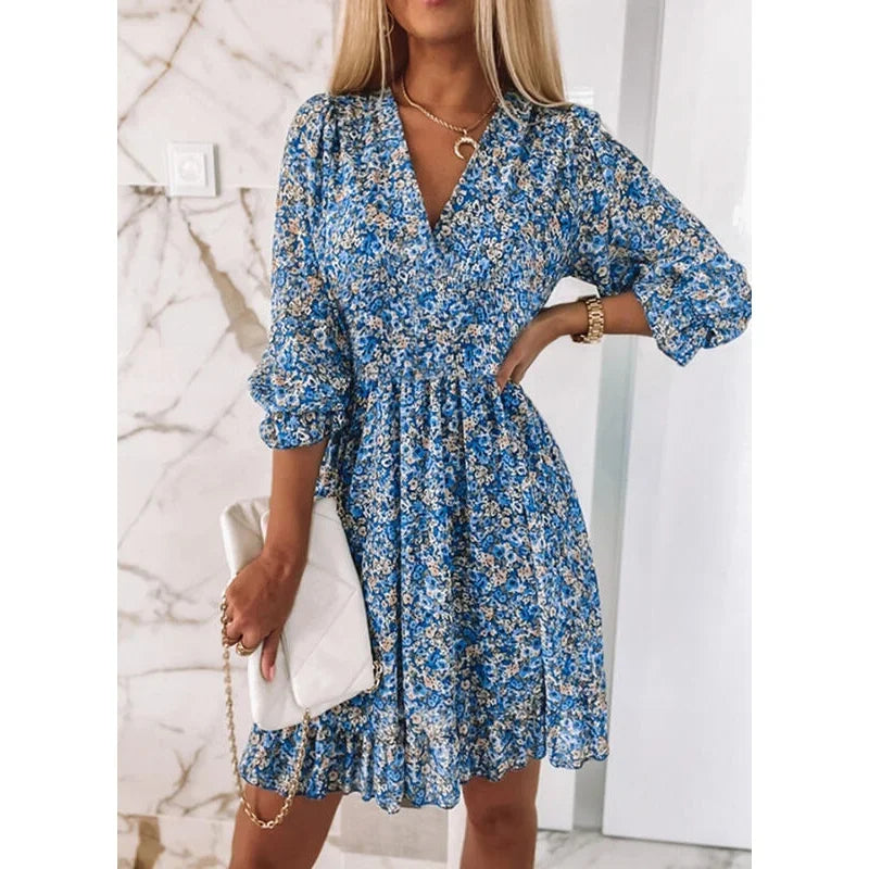 Summer Fashion Floral Dress for Women Midi Skirt Casual Tighten The Waist Pullover Printed Short Sleeves Bohemia Bright Dresses