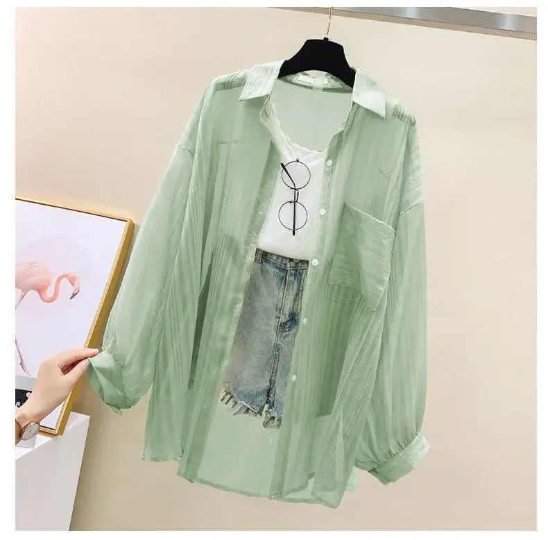 Summer Women's Elegant Chiffon Sunscreen Shirt Korean Harajuku Style See-Through Loose Blouse Thin Perspective Cardigan Yk2 Tops
