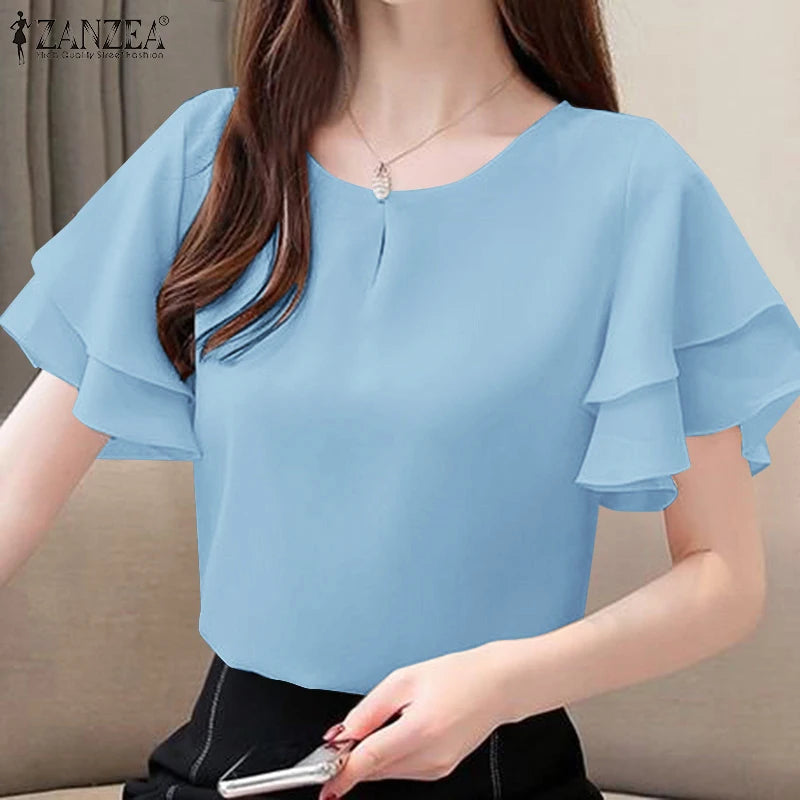 2026 ZANZEA Summer Elegant Short Sleeve Office Blouse Women Shirt Casual Solid OL Work Tops Fashion O Neck Holiday Tunic Mujer