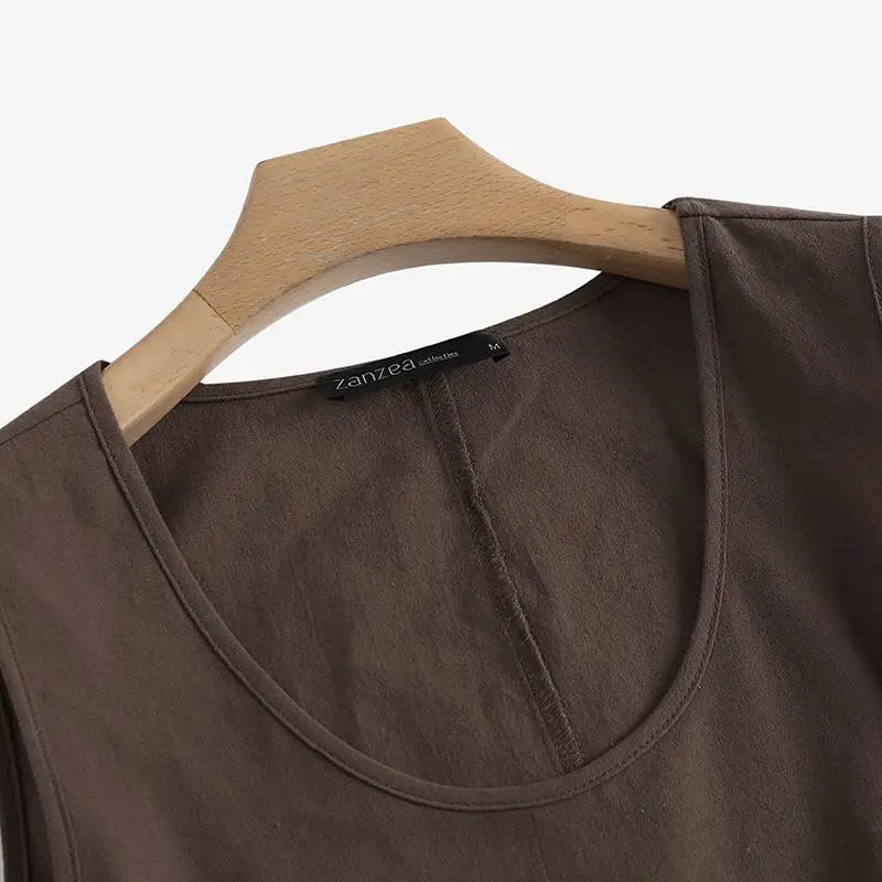 2024 ZANZEA Fashion Summer Beach Shirt Women O Neck Sleeveless Tanks Tops Female Party Solid Loose Blouse Elegant OL Work Blusas