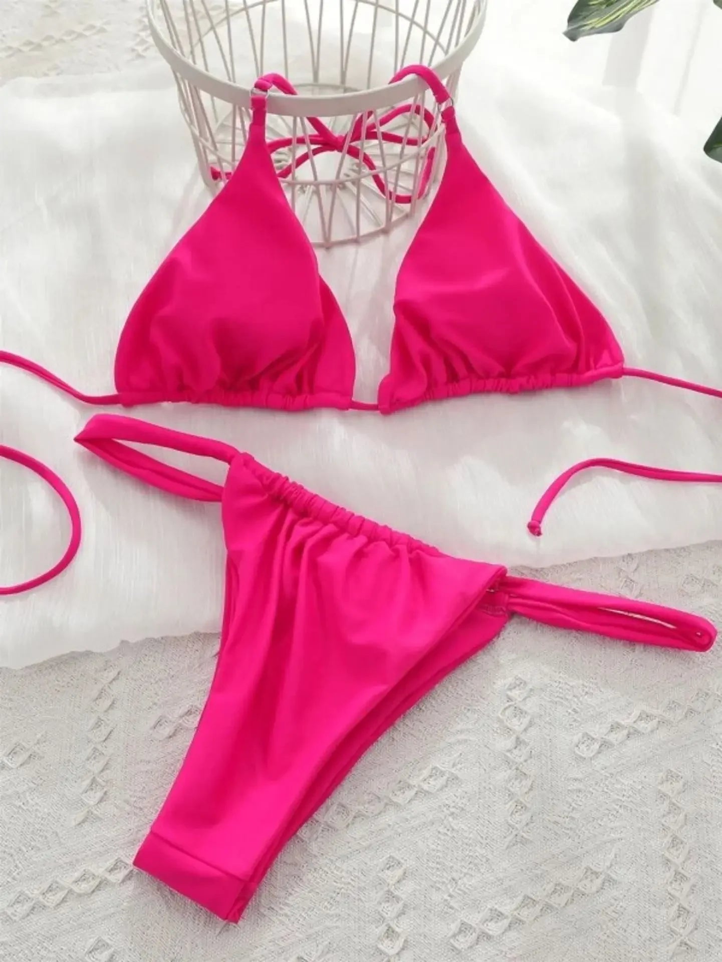 2025 Yearly Bikini Swimsuit Women's Separate Strap Pure Color Fabric Chest Pad Gathered Casual Beachwear Swimwear Set