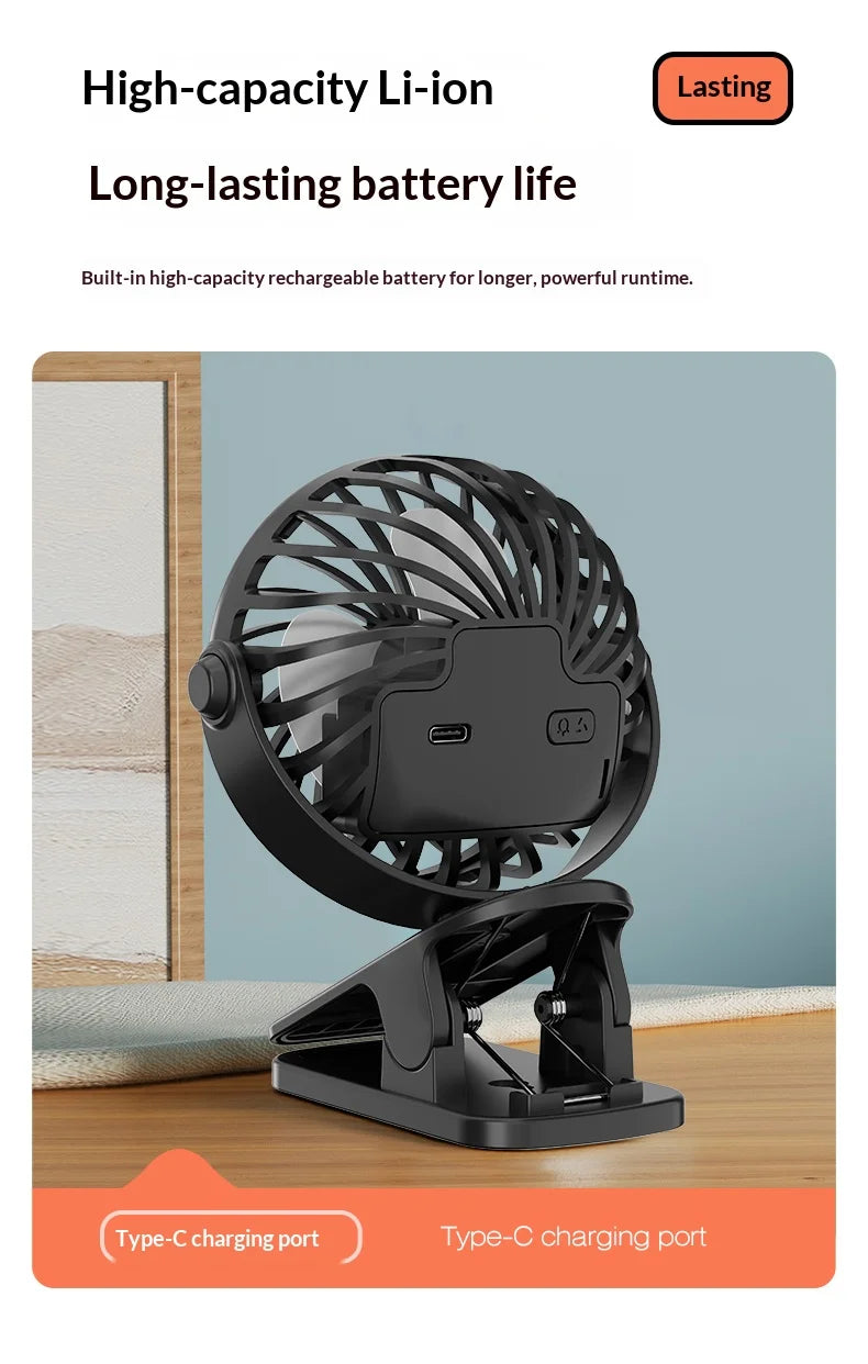 Portable Rechargeable Clip Fan 720° Rotatable Hanging Fan with Night Light Air Cooler for Outdoor Camping Ventilador
