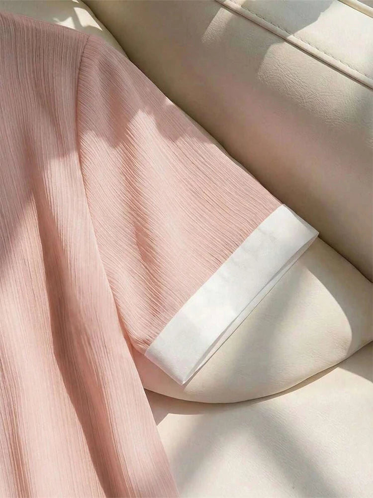 Summer Women Short Sleeve Chiffon Blouse Elegant Contrast Collar Pearl Button Office Casual Textured Breathable Fashion Tops