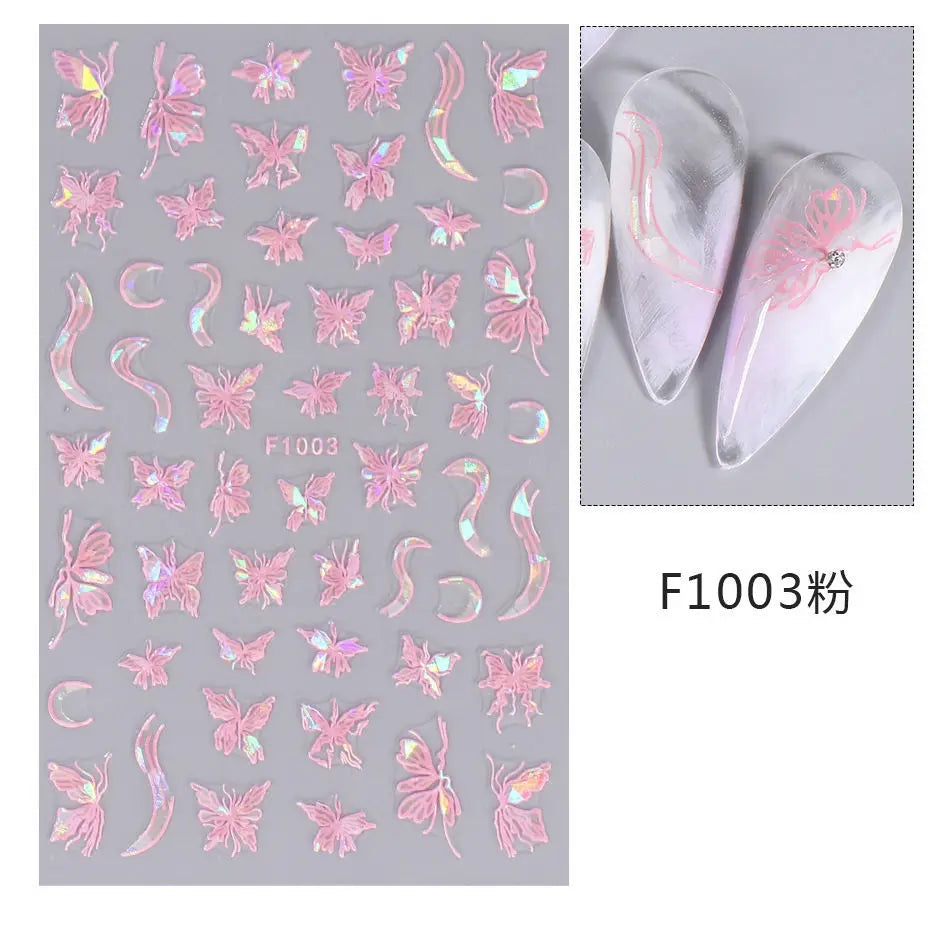 1PCS Black White Butterfly Laser Nail Stickers Y2K Nail Art Decoration Abstract Lines Bronzing Flowers Stickers For Nails