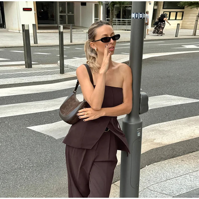 Women Pant Sets Sexy Backless Straps Sleeveless Lace Up Vest Loose Wide Leg Pants Suit Female Summer Fashion Lady Outfits