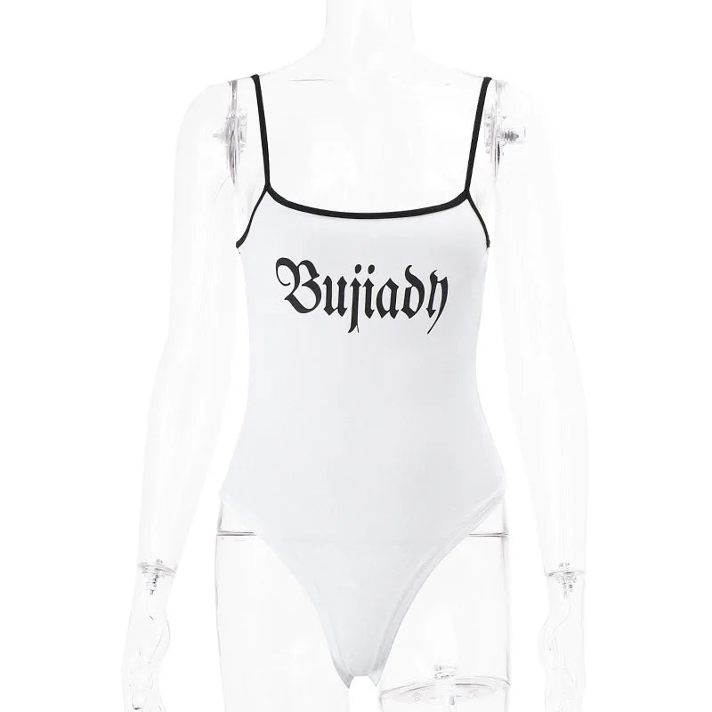 White One-Pieces Bodysuit Letter Print Lenceria Bodys Sexy Mujer Lingerie Tops Women Spaghetti Strap Body Feminino Square Collar