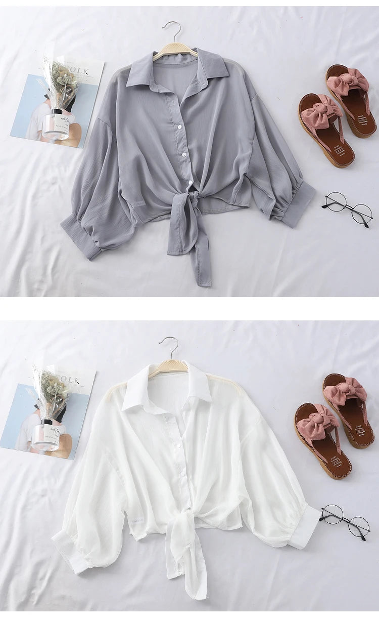 Summer Sun-protective clothing Casual Loose Clothes Elegant Solid Color Tied Waist Blouse Bat Half Sleeve Button Chiffon Shirt