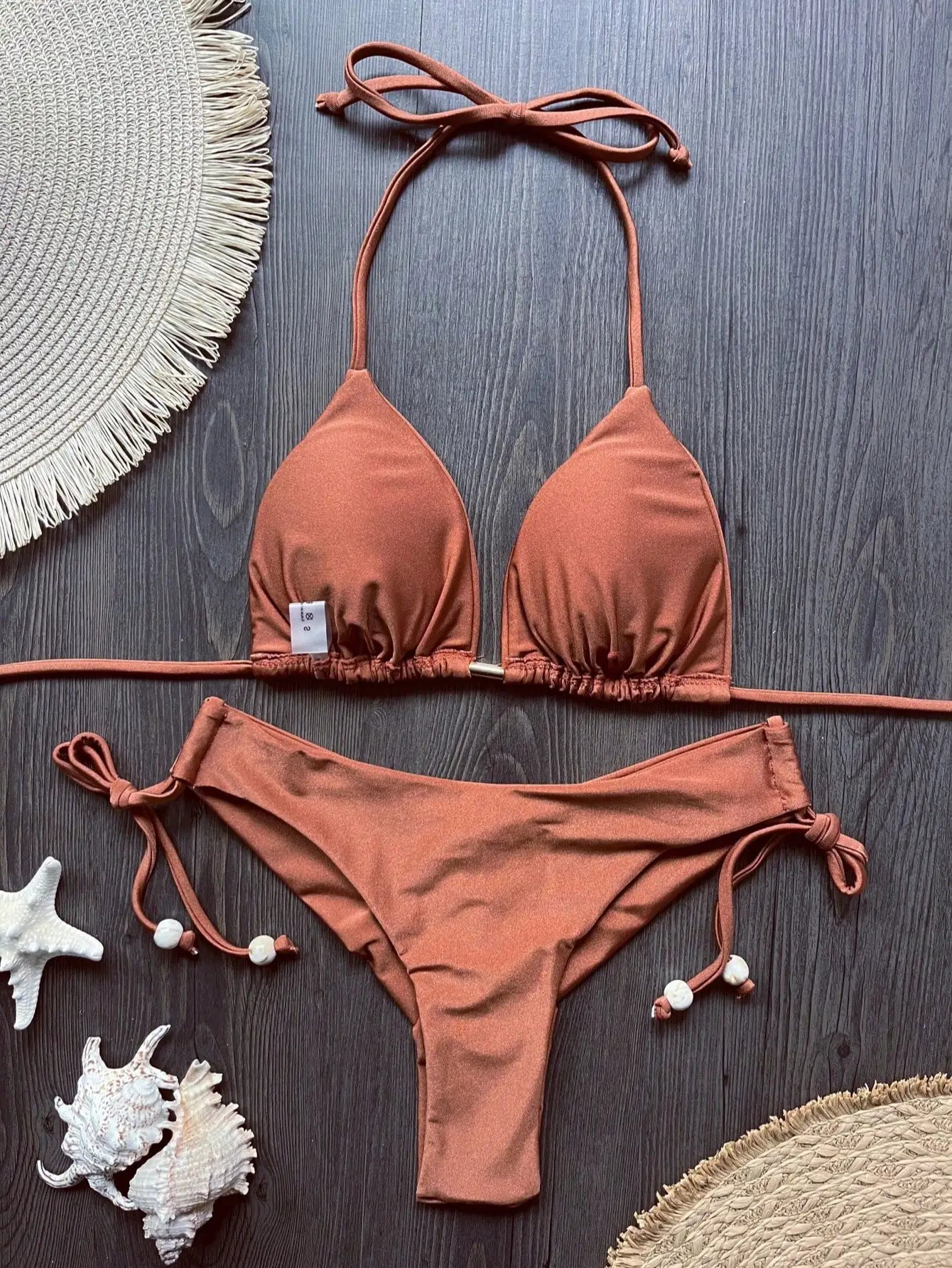 Solid color bikini set 2026 women's new swimsuit 2-piece set bead neck hanging bikinis summer beach Swimwear