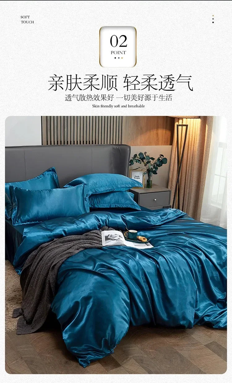 Solid Color Silk-like Bedding European and American Bed Sheet Quilt Cover Pillowcase