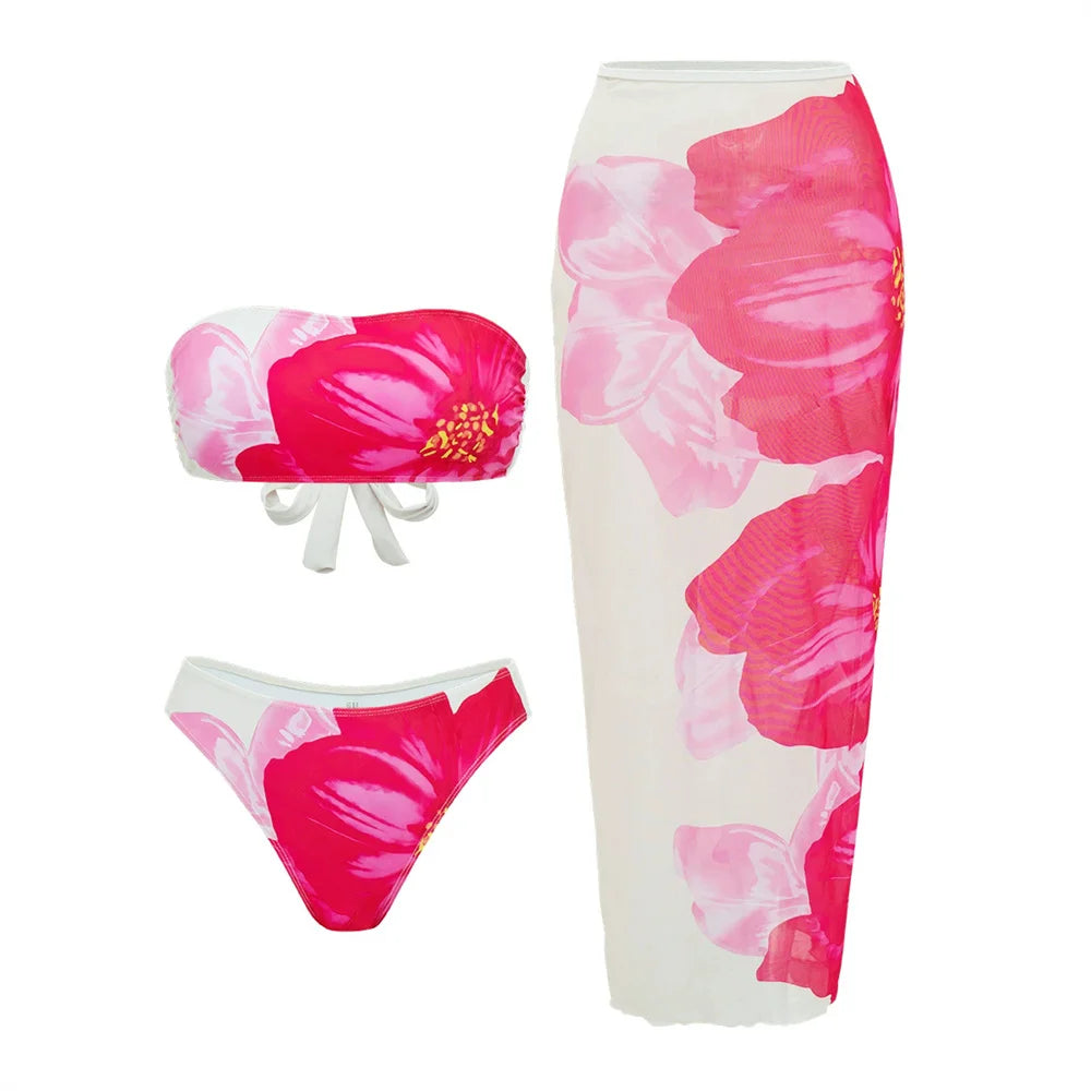 2026 New Flower Print Bikini Set Women's High Waist Long Skirt 3 Piece Swimsuit Sexy Mini Triangle Backless Thong Bathing Suit
