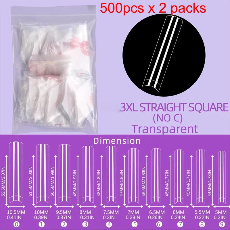500Pcs XXL No C Curve Nail Tips for Acrylic Nails, Professional Set, Straight Tapered Square Clear Nail Tips Half Cover Long Fak