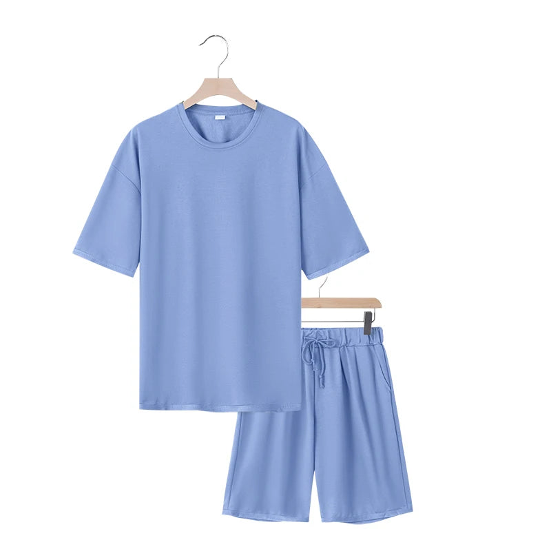 Men's two-piece clothing set, loose round-neck T-shirt and shorts set, casual sportswear, perfect for summer