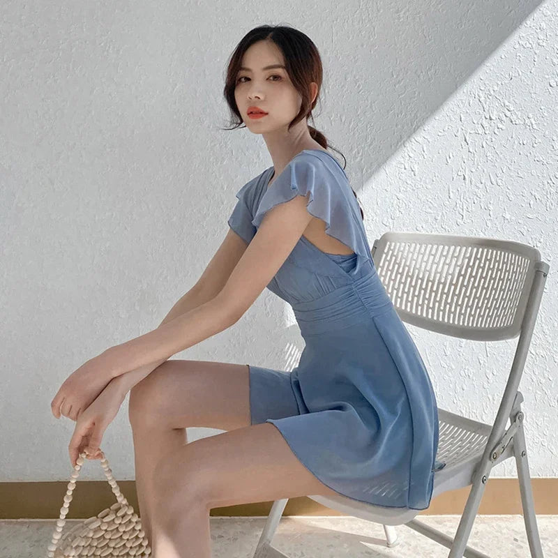 2026 New Swimsuit One-piece Swim Suit Sexy V Neck Swimwear Hot Spring Beach Bathing Skirt Dress Women