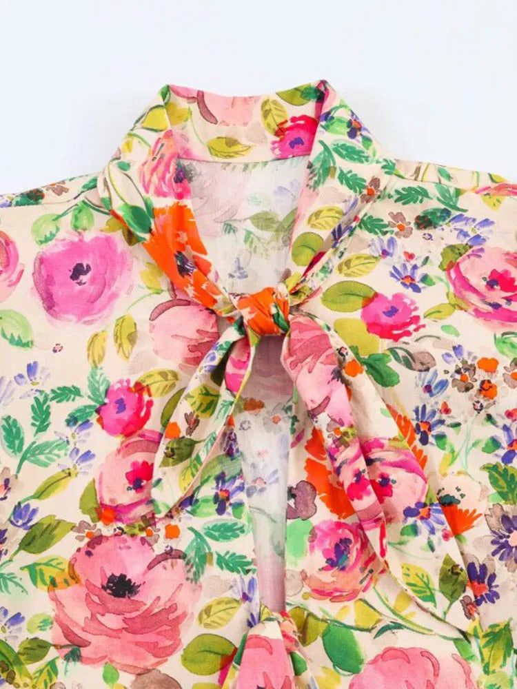 Women Summer Shirts Blouses Tops 2026 Fashion Floral Print Bow Collar Short Sleeve Female Elegant Street Top Clothing