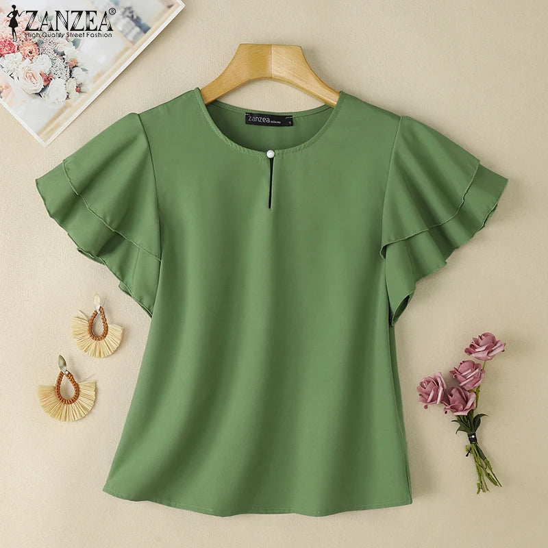 2026 ZANZEA Summer Elegant Short Sleeve Office Blouse Women Shirt Casual Solid OL Work Tops Fashion O Neck Holiday Tunic Mujer