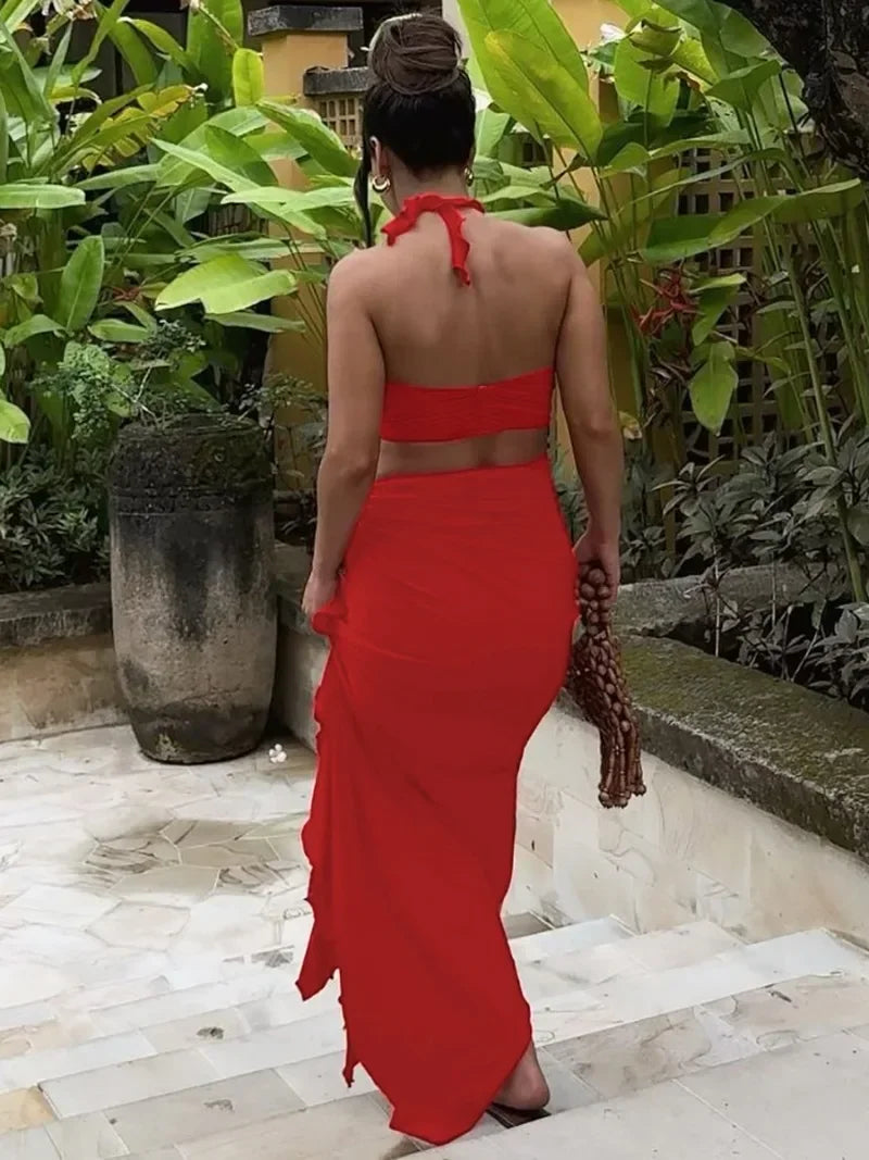 Women's Elegant Two Pieces Dresses Suits Flower Corset Top and High Slit Long Skirts Matching Sets Red Pink Vacation Outfit 2026