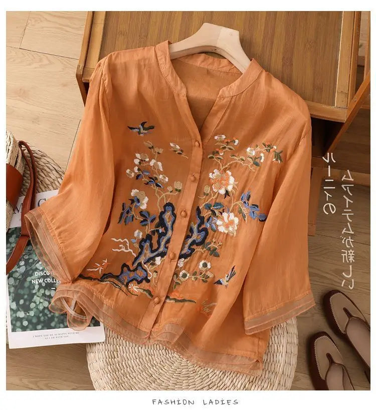 Luxury Embroidery Vintage Shirts Summer Women's Clothing Trends Tops Casual Cardigan Loose Short Coat Patchwork Buttons Blouses