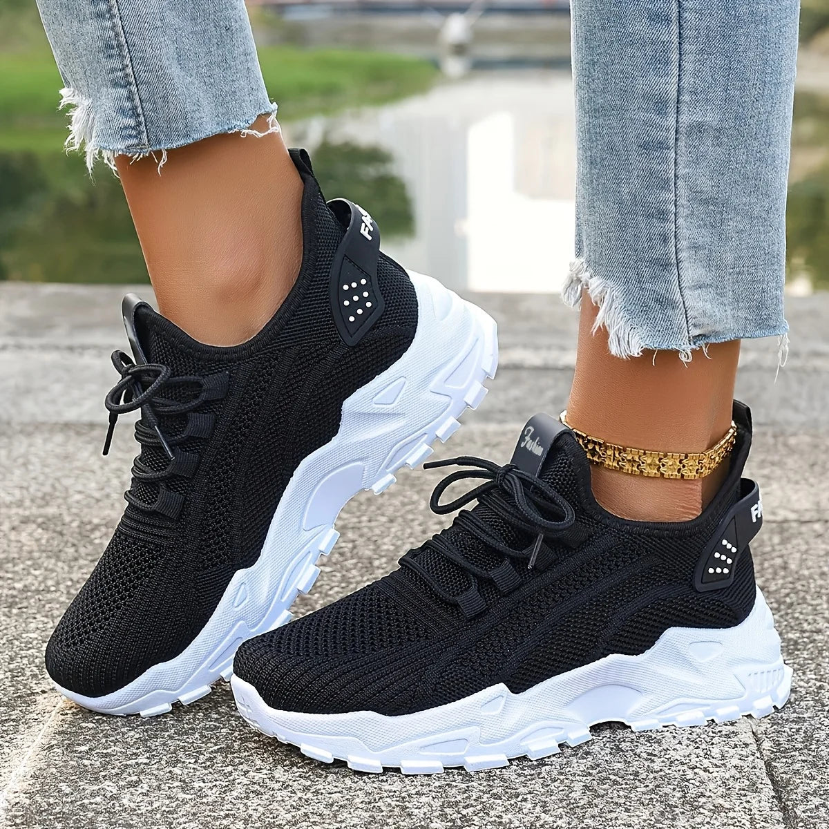 Fashion Women's Casual Knit Sneakers Breathable Lightweight Soft Sole Non Slip Outdoor Walking Shoes