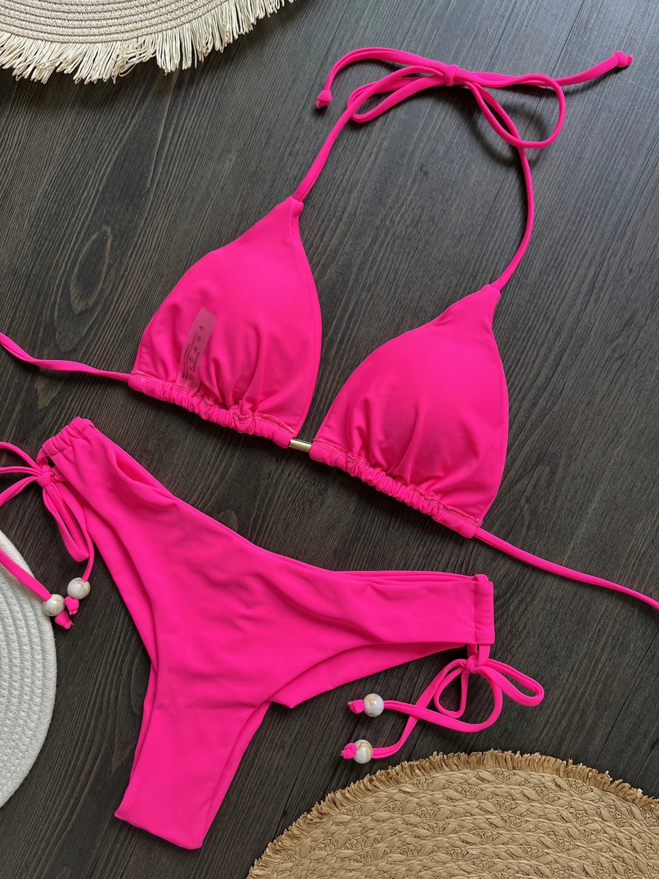 Solid color bikini set 2026 women's new swimsuit 2-piece set bead neck hanging bikinis summer beach Swimwear
