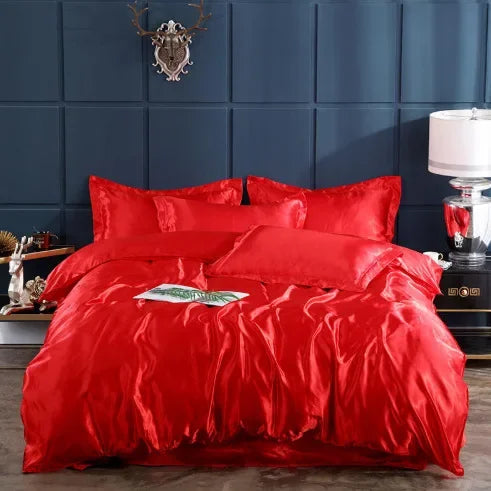 Solid Color Silk-like Bedding European and American Bed Sheet Quilt Cover Pillowcase