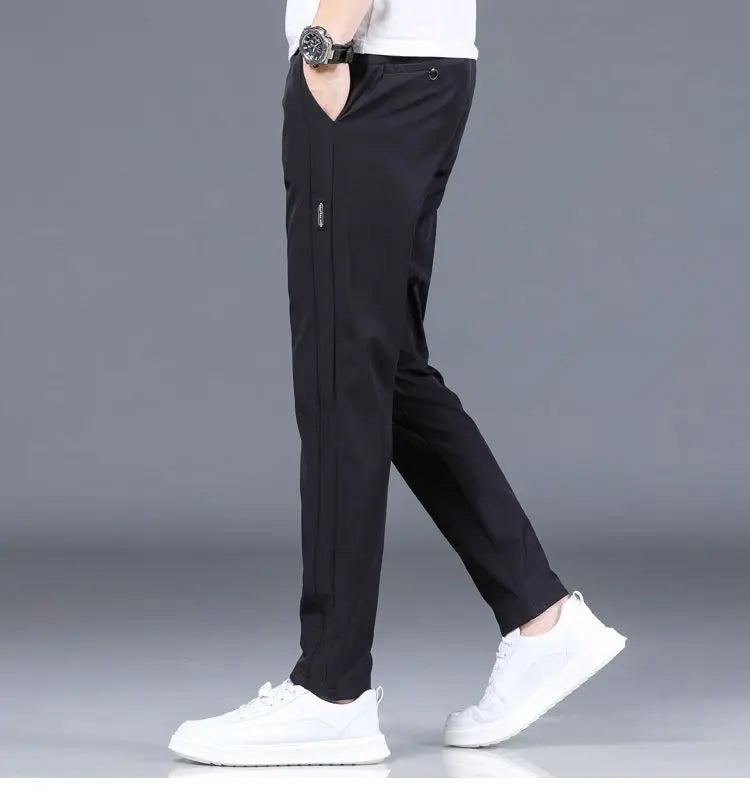 Ice silk men's pants 2025 summer new black gray thin business casual pants outdoor elastic breathable straight leg sports pants