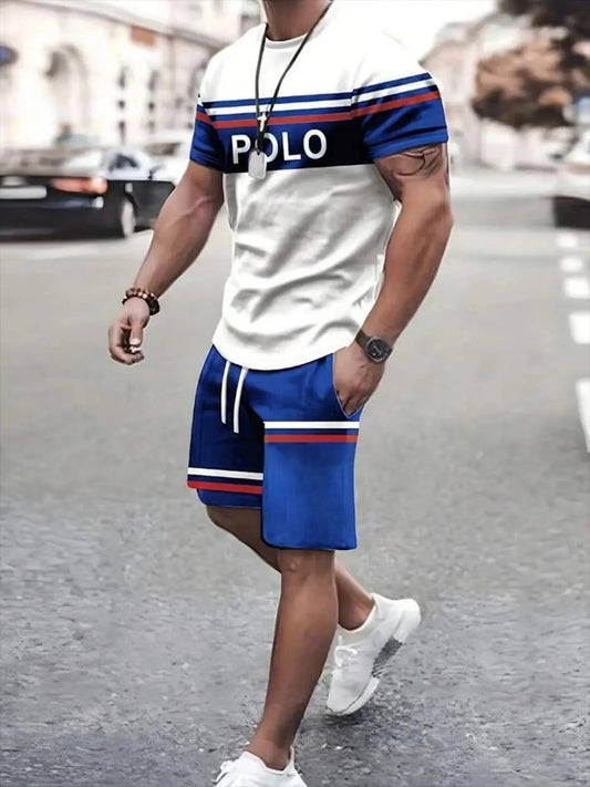 Men's summer striped letter printed soft and breathable round neck T-shirt shorts set, outdoor urban casual two-piece set
