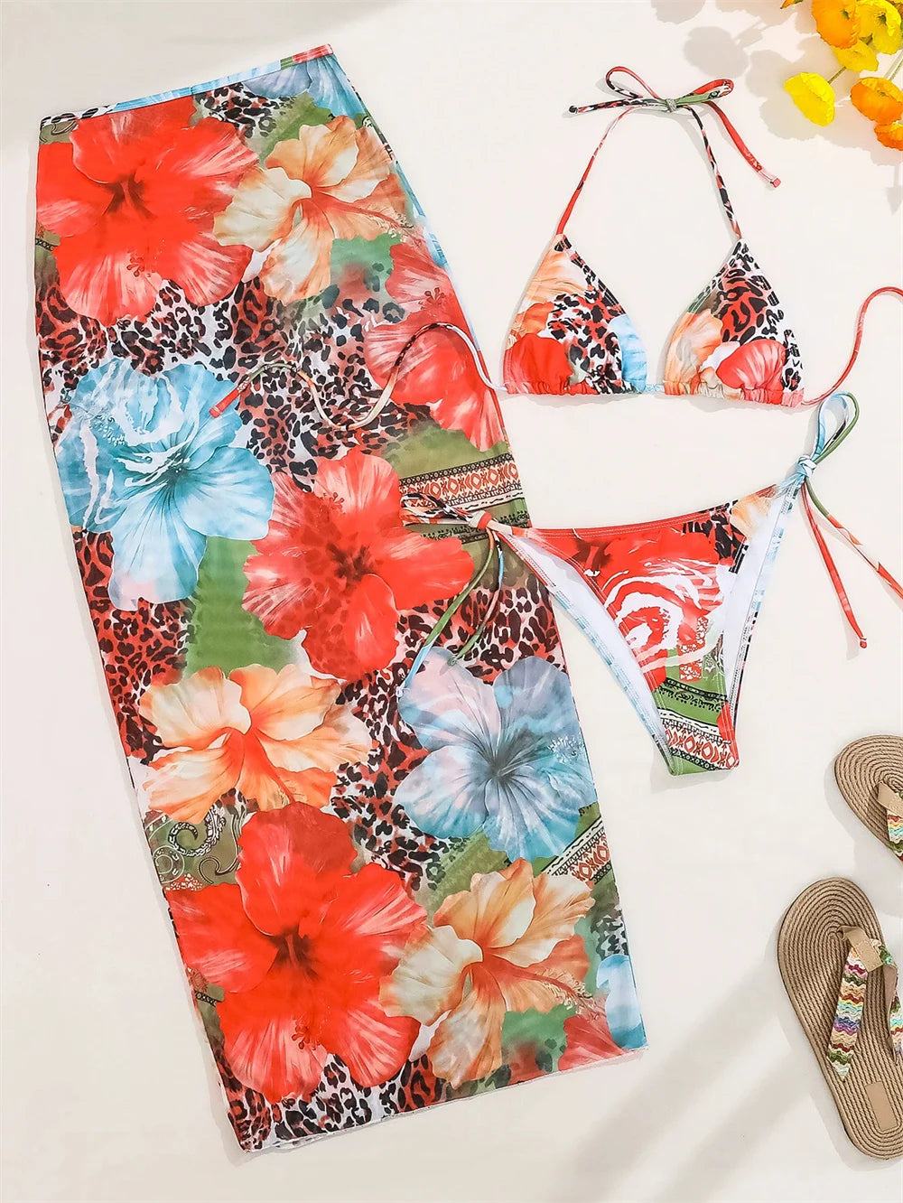 2026 New Flower Print Bikini Set Women's High Waist Long Skirt 3 Piece Swimsuit Sexy Mini Triangle Backless Thong Bathing Suit