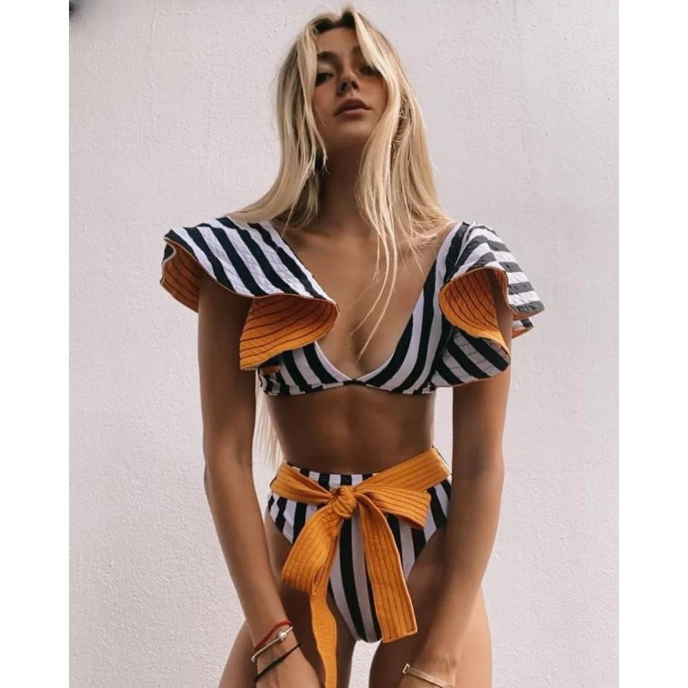 2026 Sexy Bikini Set Women High Waist Classic Off Solid Ruffle Sleeves Swimwear Red Separate Deep V Swimsuit Vintage Beach Set