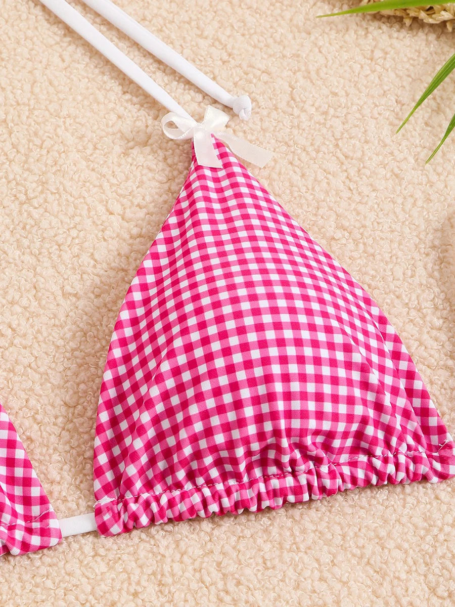 Sexy Bikini Women's Swimsuit Butterfly Decor Checked Swimwear 2026 Halter Thong Bikinis Sets Swimming for Beachwear Bathing Suit