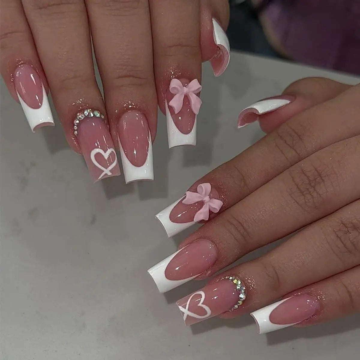 ARTAUG 24PCS Medium Ballerina Pink Nails Black French Tip Press On Nails Press On Nails Love Design Summer Nails Tipsy Cute Nail