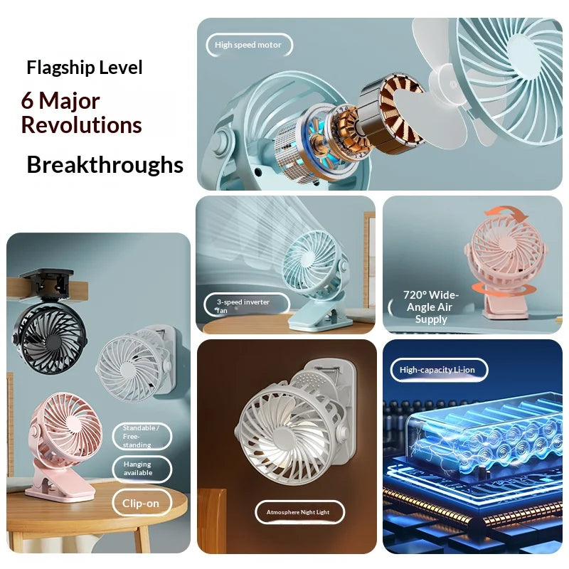 Portable Rechargeable Clip Fan 720° Rotatable Hanging Fan with Night Light Air Cooler for Outdoor Camping Ventilador