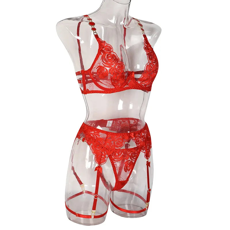 Sexy Lace Exotic Set Hollow Out Women's Underwear Erotic Cut-out Sexy Lingerie Bra Panty And Garters Lingerie Set Lenceria Mujer