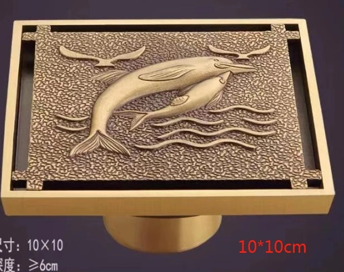 Shower Drains 10*10cm Square Bath Drains Strainer Hair Antique Brass Fish Carved Bathroom Floor Drain Waste Grate Drain