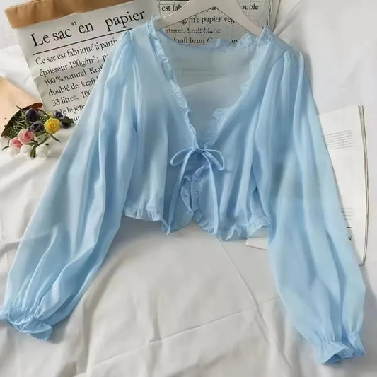 Summer Ruffled Shawl Solid Color Chiffon Women's Long Sleeve Thin Y2K Coat Cape Bolero Summer Wear Cloak Shrug  For Vacation