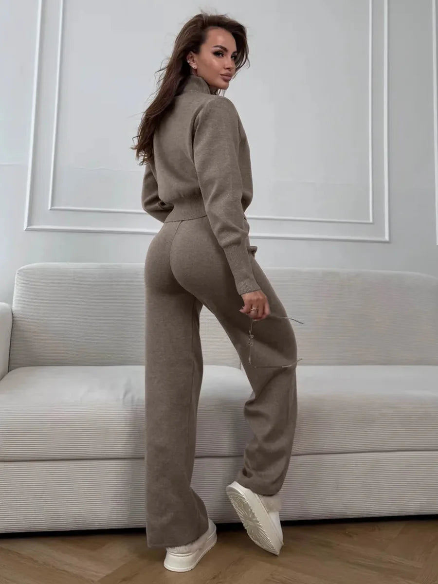 Bornladies Women's New Knit Zip Up Cardigan Wide Leg Pants Set Soft Fabric Cropped Elastic Waist Autumn Winter Fashion Sweater