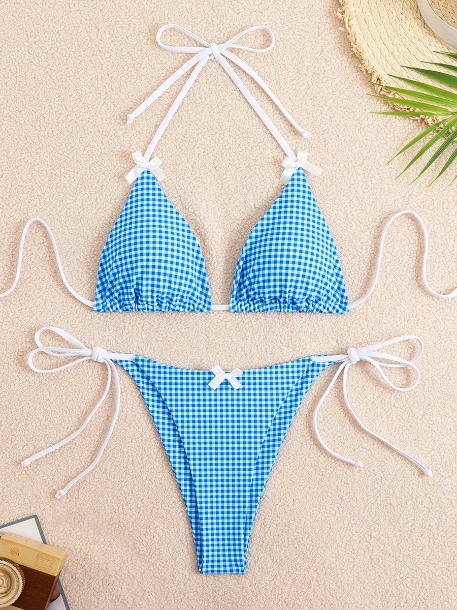Sexy Bikini Women's Swimsuit Butterfly Decor Checked Swimwear 2026 Halter Thong Bikinis Sets Swimming for Beachwear Bathing Suit
