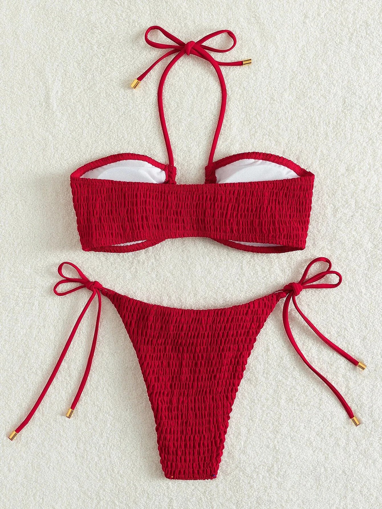 Sexy Triangle Bikini 2026 Women Red Black Ribbed Push Up Micro Swimsuit Cut Out Metal Designer Bathing Suit Knot Thong Swimwear