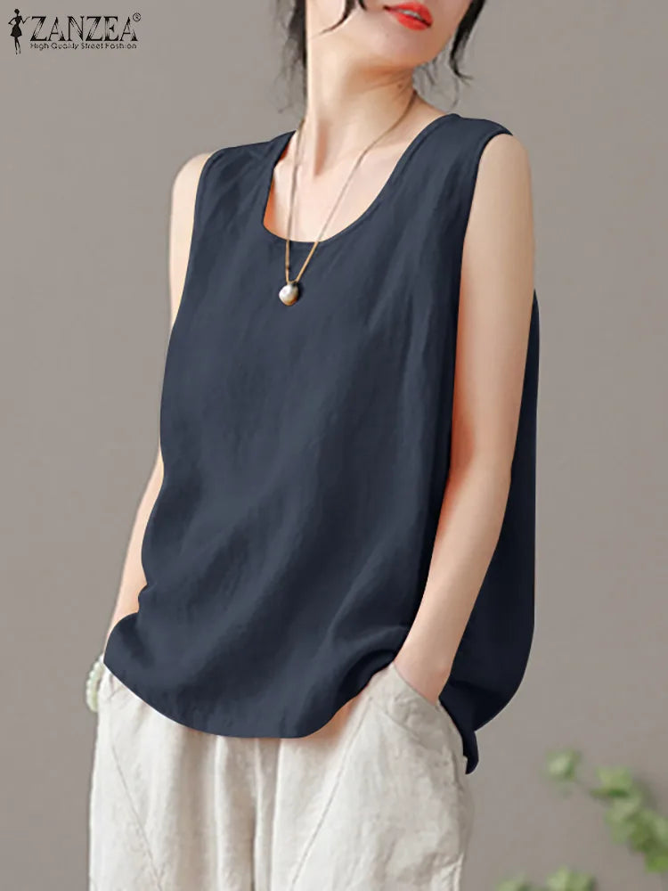 2024 ZANZEA Fashion Summer Beach Shirt Women O Neck Sleeveless Tanks Tops Female Party Solid Loose Blouse Elegant OL Work Blusas