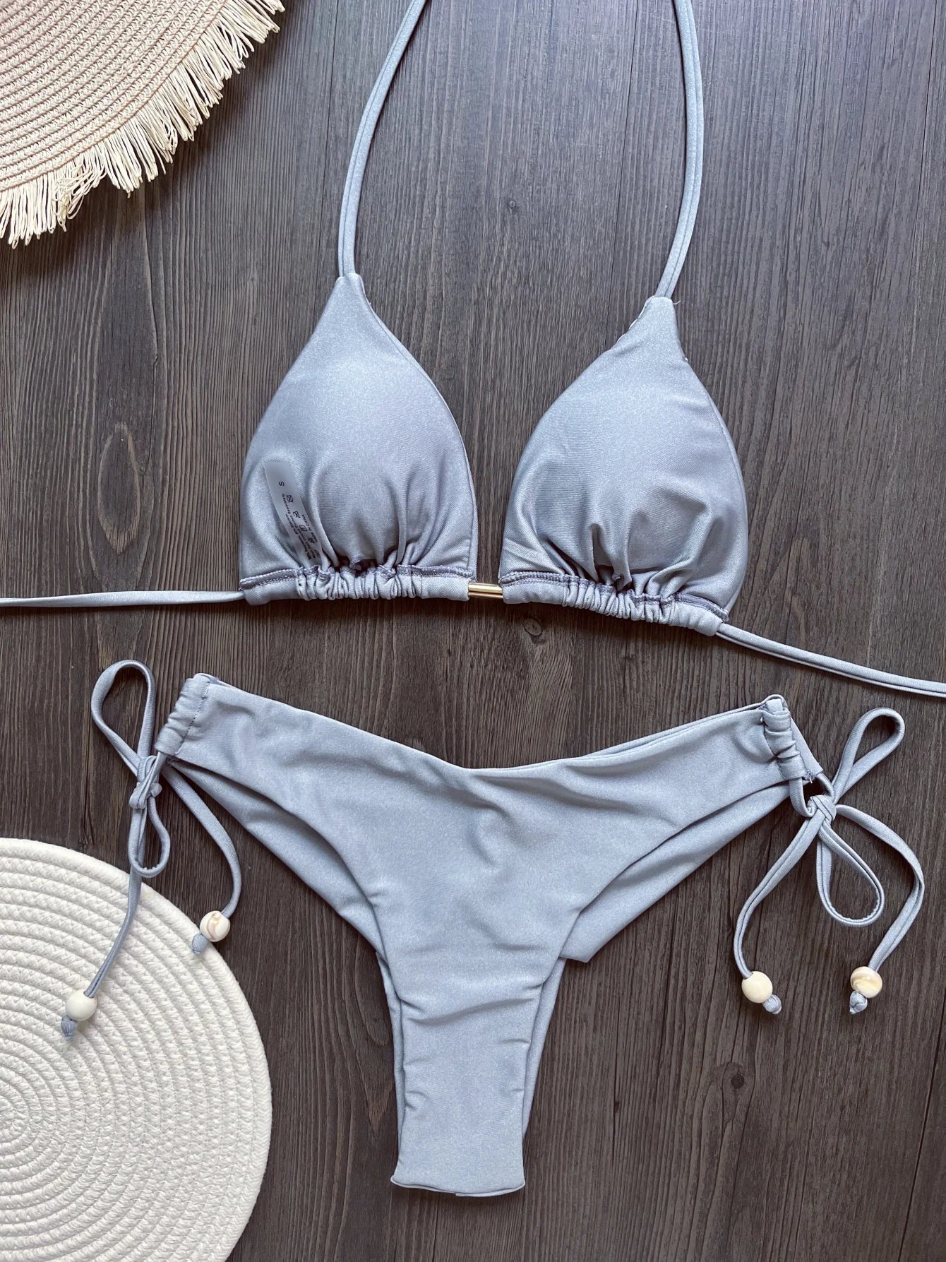 Solid color bikini set 2026 women's new swimsuit 2-piece set bead neck hanging bikinis summer beach Swimwear