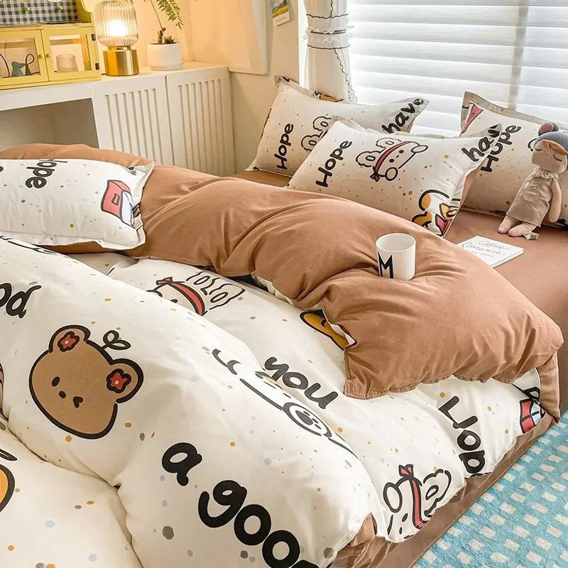Cute Rabbit Bedding Set New No Filler Ins Floral Duvet Cover Flat Sheet Pillowcases Twin Queen Size Girls Boys Comforter Cover
