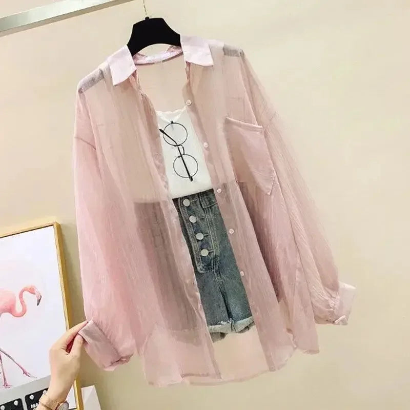 Summer Women's Elegant Chiffon Sunscreen Shirt Korean Harajuku Style See-Through Loose Blouse Thin Perspective Cardigan Yk2 Tops