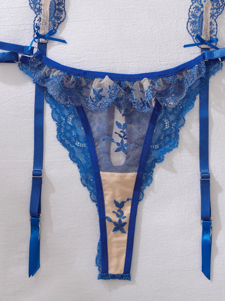 Sexy Porn Body Lingerie Lace Flower Embroidery Transparent Underwear Erotic Costume Bra And Thong Two Piece Exotic Sets Lenceria