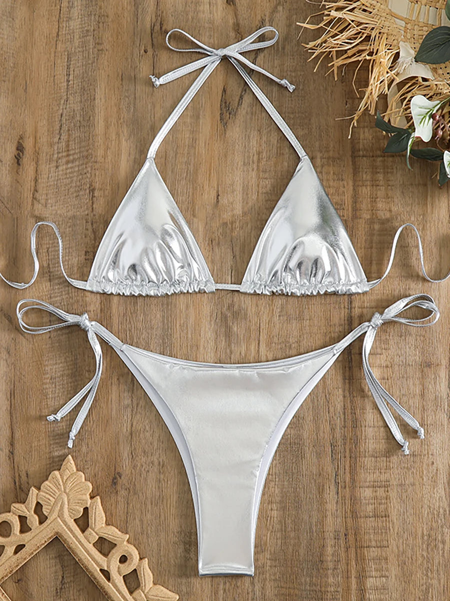 Sexy Metallic Halter Bikinis Sets Lace Up Triangle Tie Side Bikini 2024 Swimsuit Women Swimwear Brazilian Female Bathing Suits