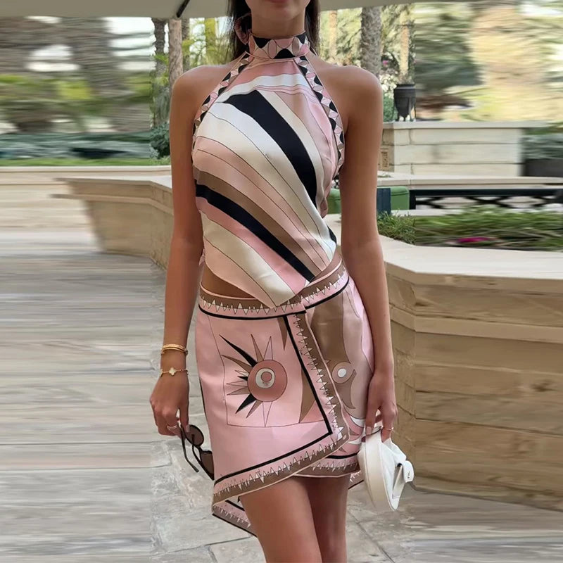 Fashion Halter Printed 3 Pieces Sets Women Lace Up Sleeveless Backless Tops Mini Shorts Asymmetric Skirts 2026 Summer Lady Suits