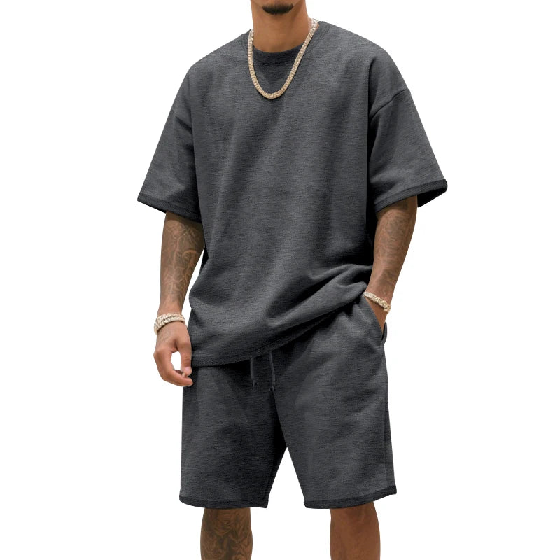 Men's two-piece clothing set, loose round-neck T-shirt and shorts set, casual sportswear, perfect for summer
