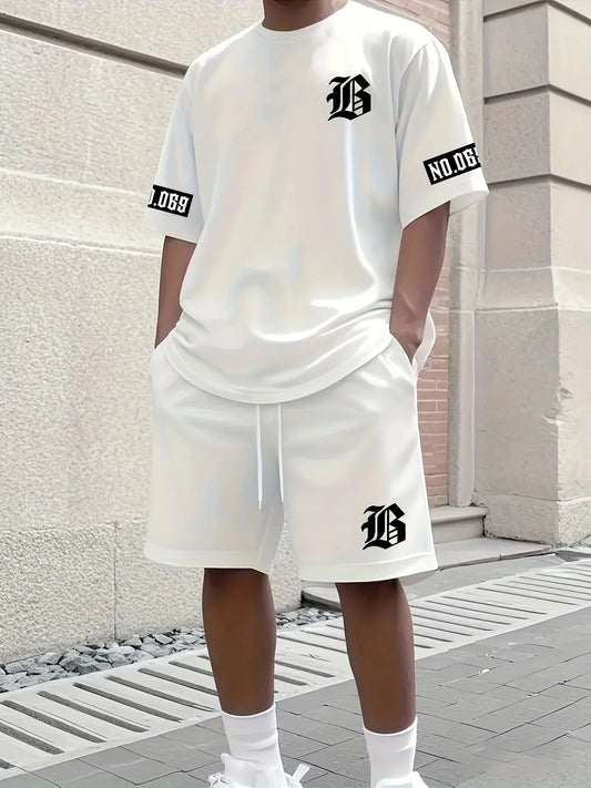 Hot selling summer new men's set with letter print casual fashion T-shirt short sleeved shorts sports outdoor set