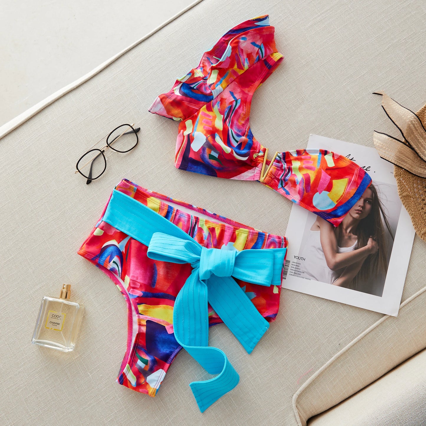 2026 Sexy Bikini Set Women High Waist Classic Off Solid Ruffle Sleeves Swimwear Red Separate Deep V Swimsuit Vintage Beach Set